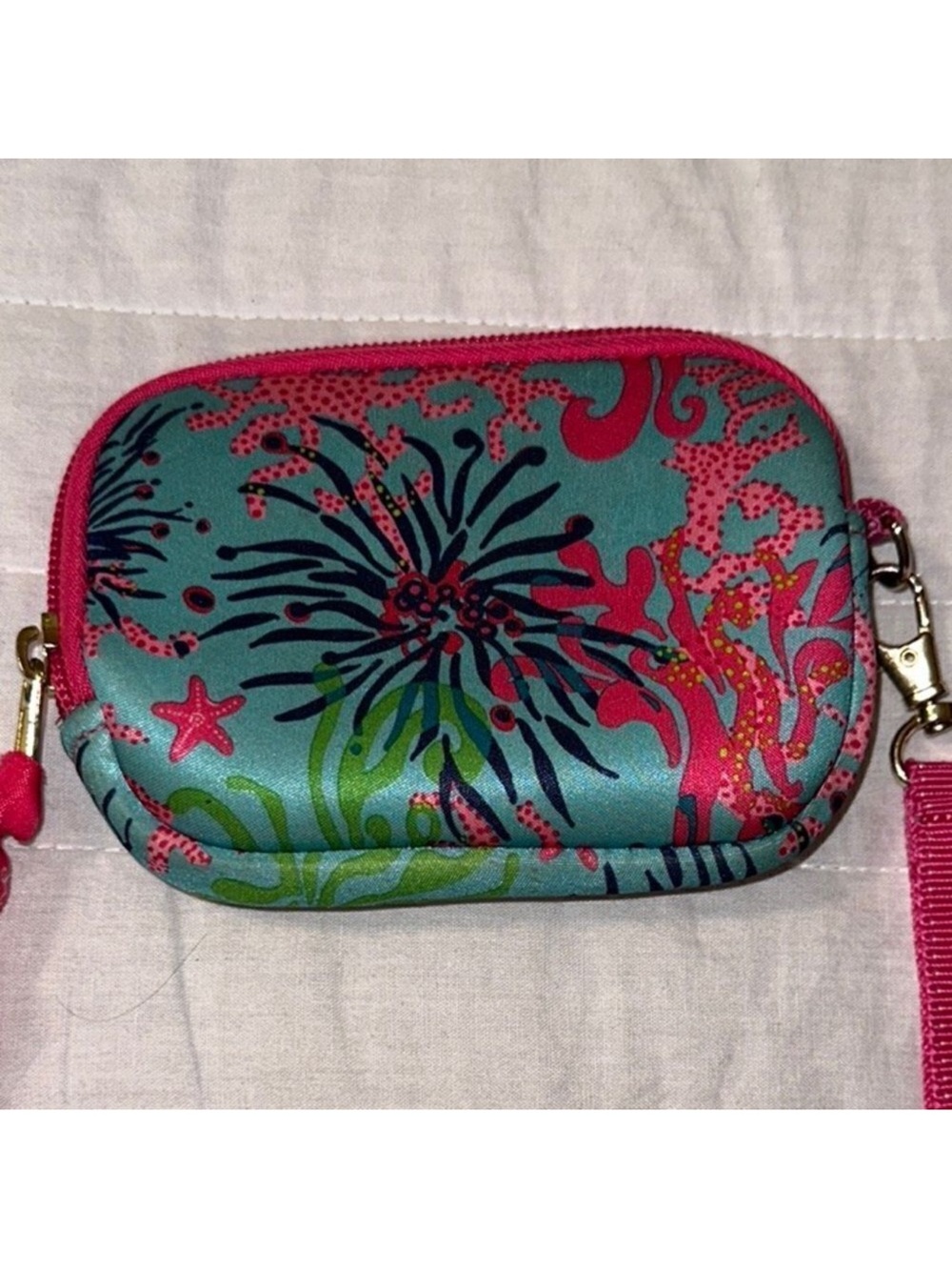 Lilly Pulitzer Teal Pink Navy Green Coral Small Zip Tech Case in Dirty Shirley